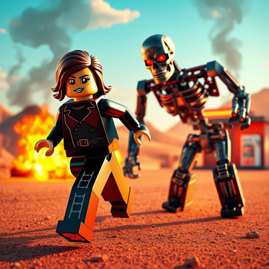 Lego Sarah Connor Running from T-1000 in Desert
