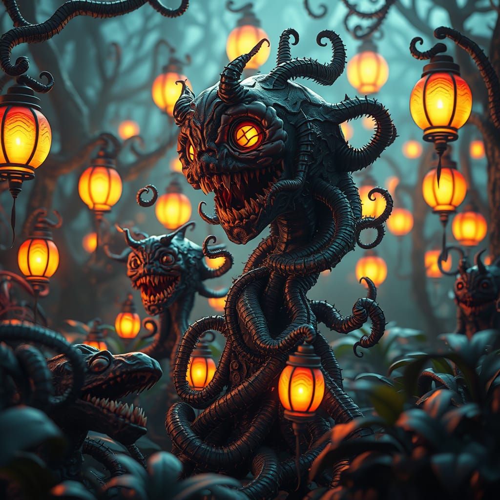 Creepy Mutant Garden in 3D Anime Style