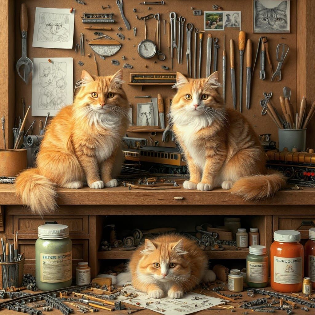 Cats on Hobby Table, Hyperdetailed Fantasy Art