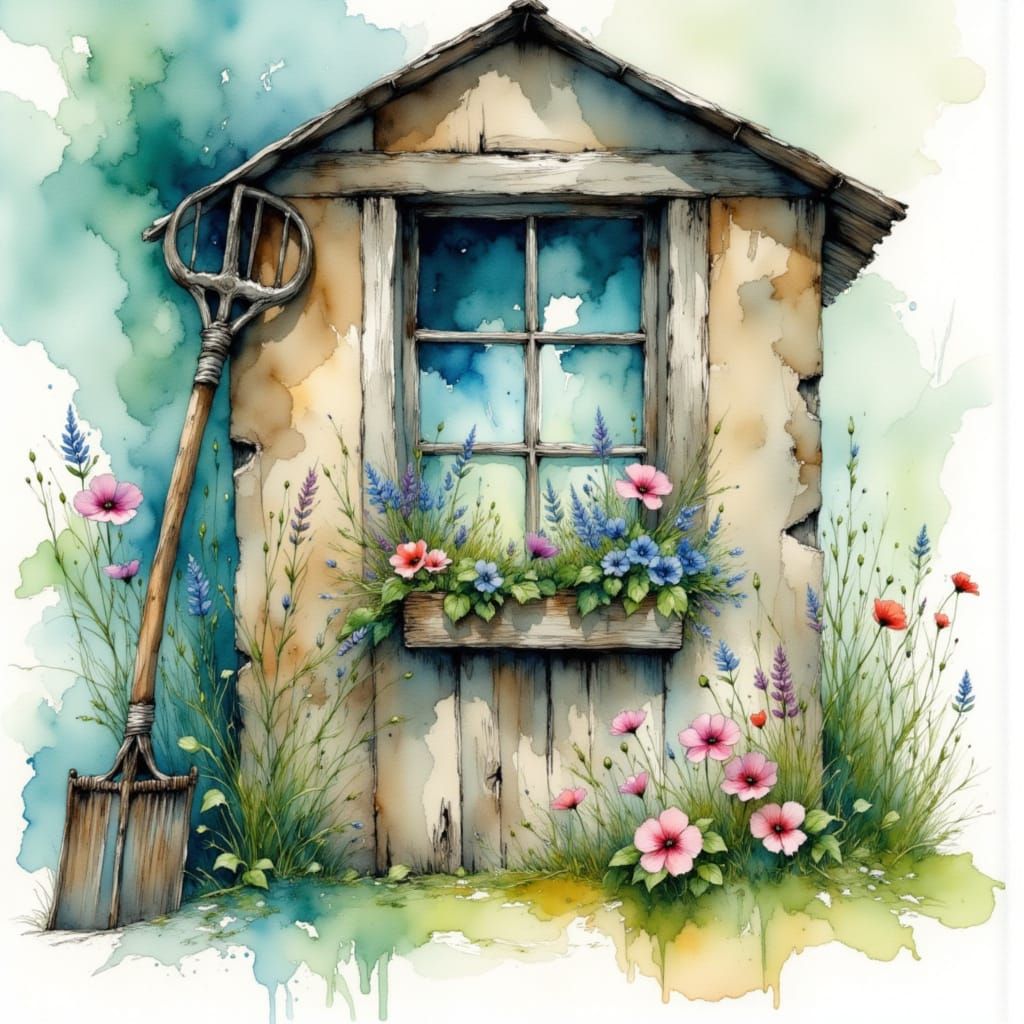 Charming Old Shack with Wildflowers in Watercolor Style