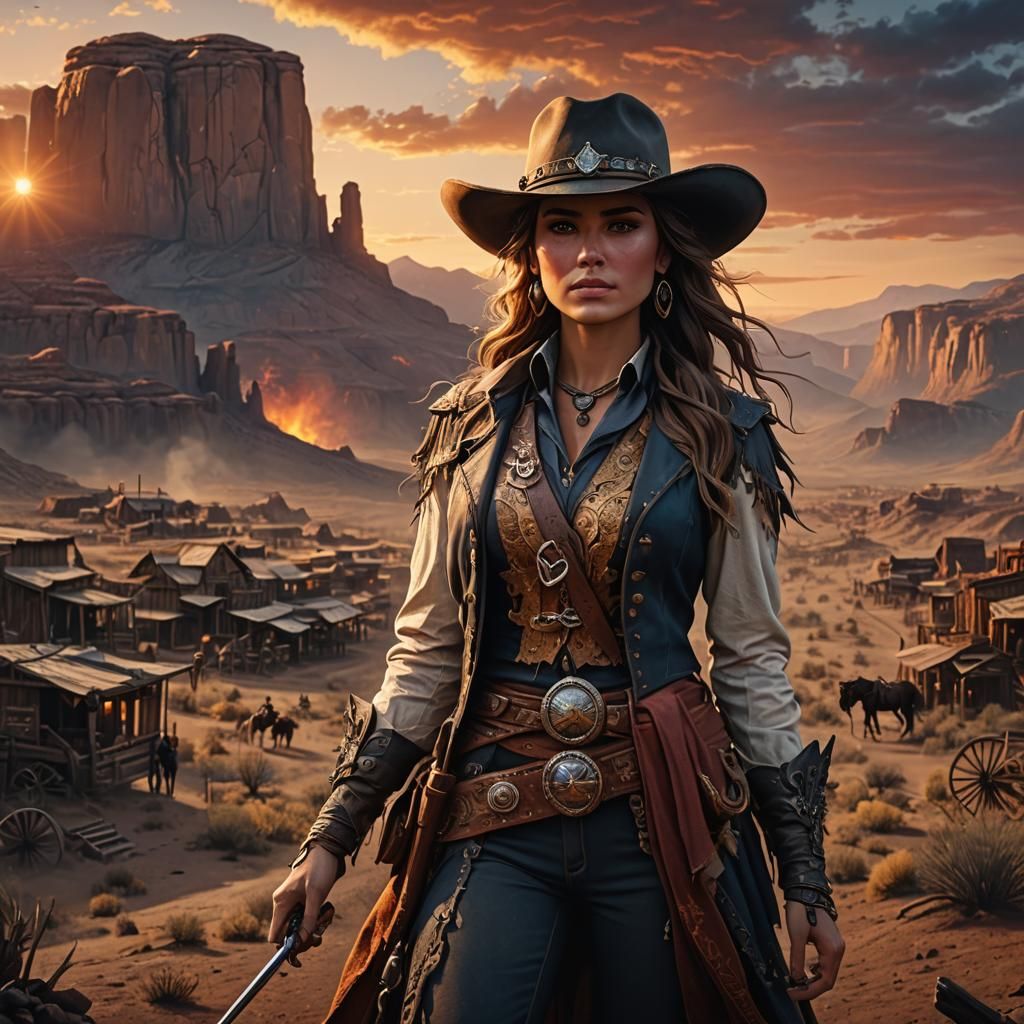 Wild West Woman in Sunset: Detailed Matte Painting