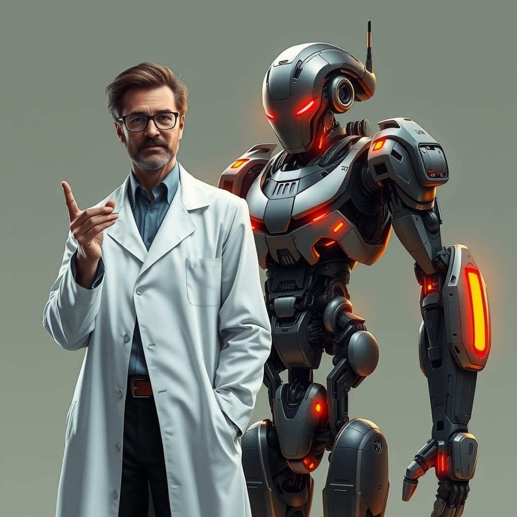 Scientist and Robot in Cyberpunk Industrial Style