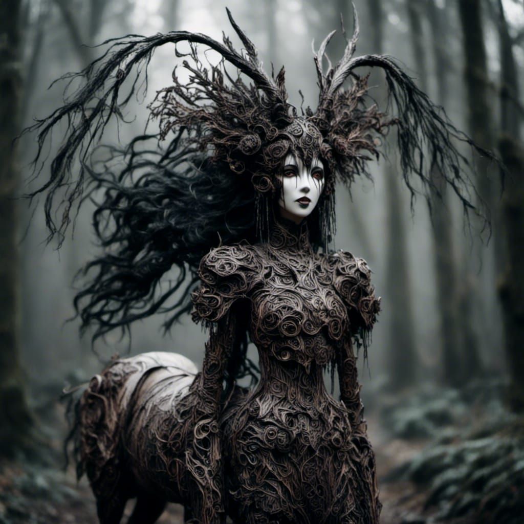 AI Centaur with Wooden Mask and Doll Features