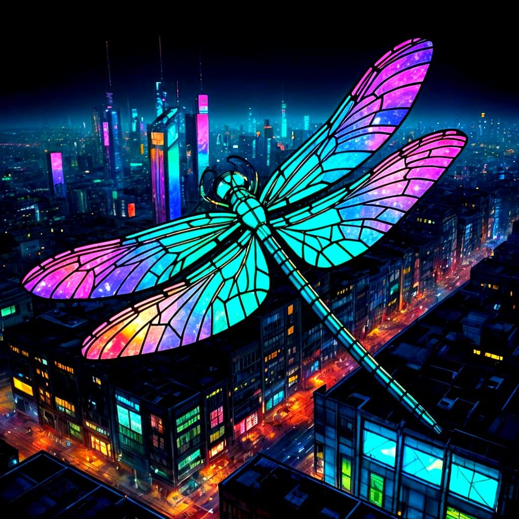 Futuristic Stained Glass Dragonfly in Cyberpunk City