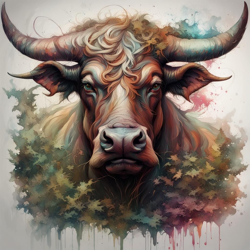 Bull pushing through a hedge