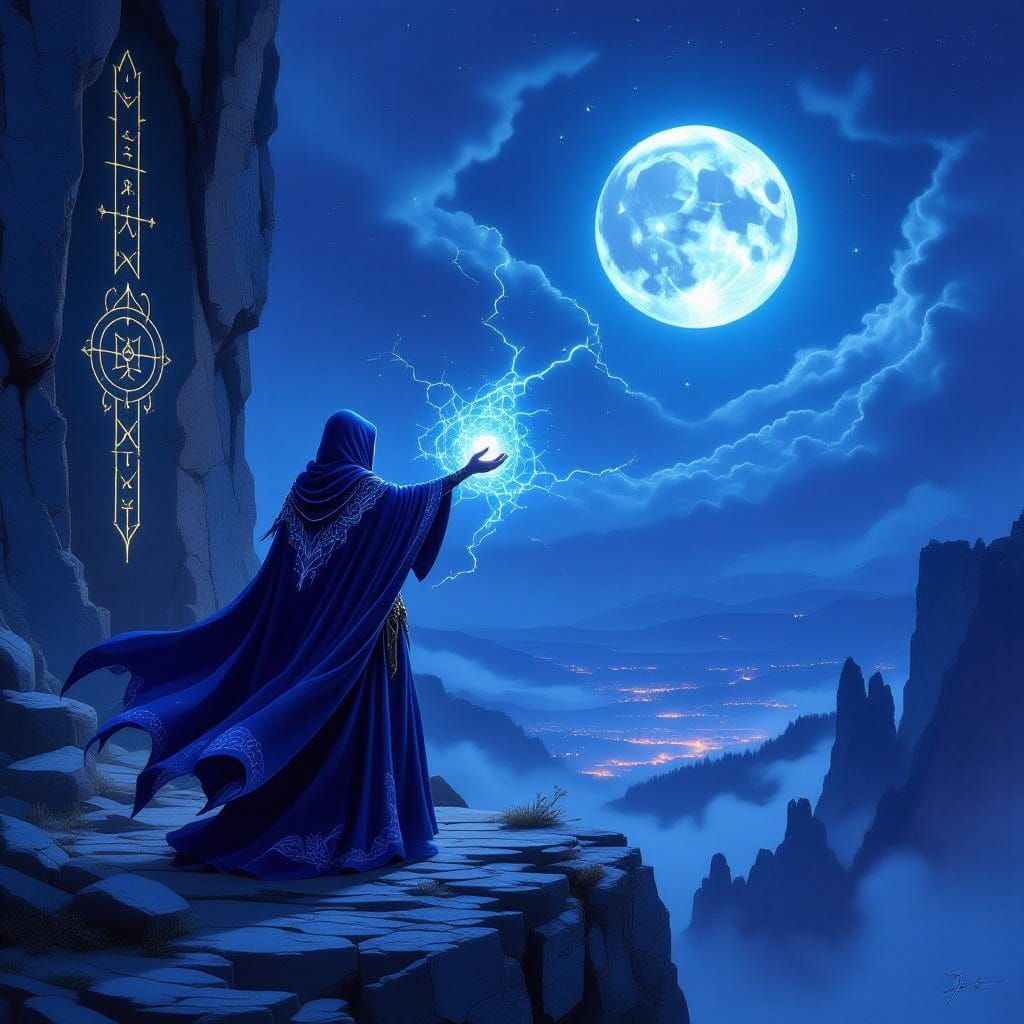 Elf Mage on Cliff Overlooking Valley at Twin Moonrise