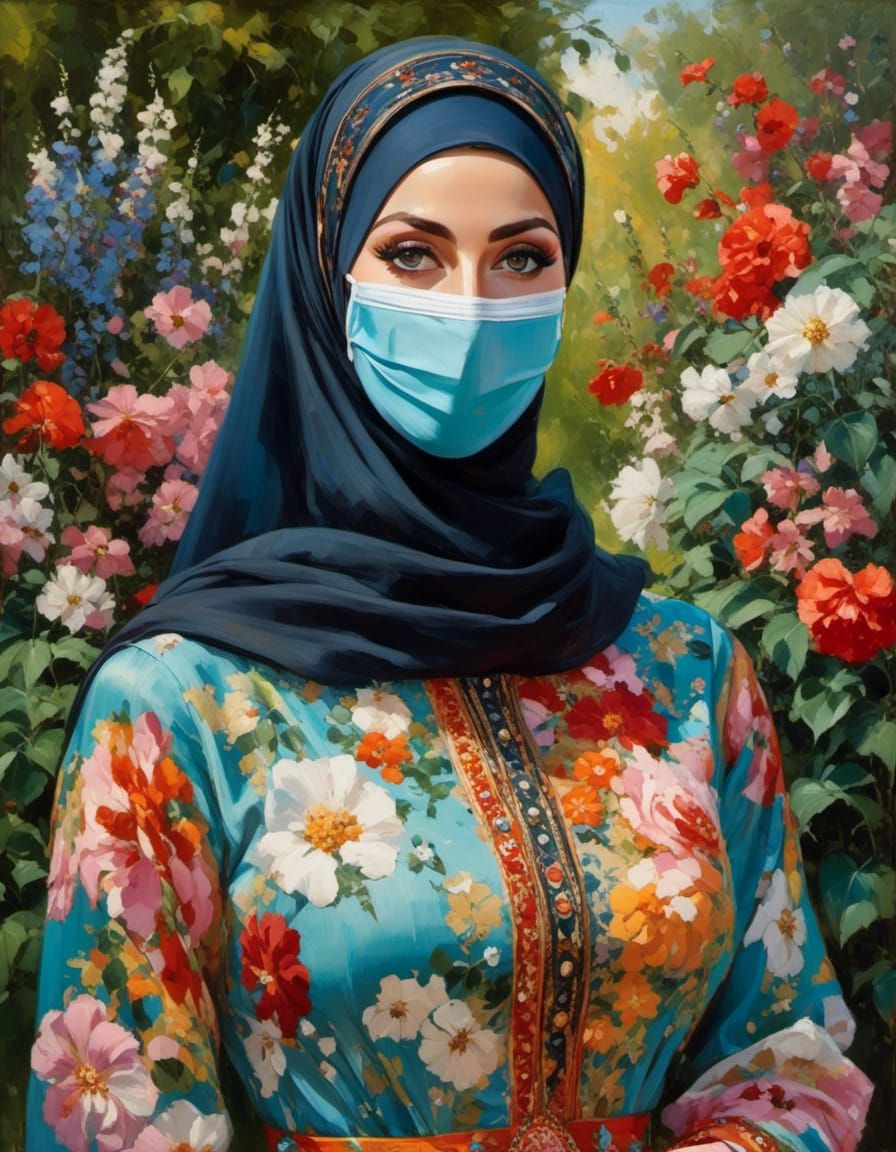 Mystic Garden: Masked Woman in Oil Painting Style