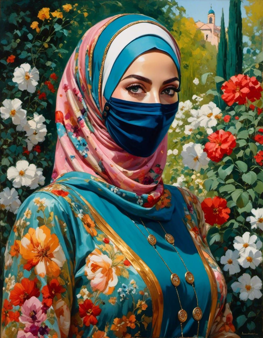 Mystic Garden: Hijabi Woman in Oil Painting