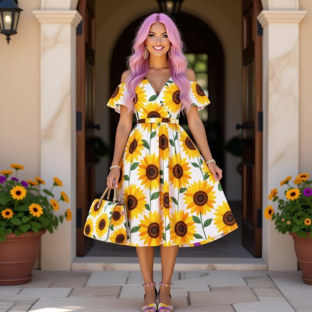 Woman with Sunflower Dress and Pink Hair