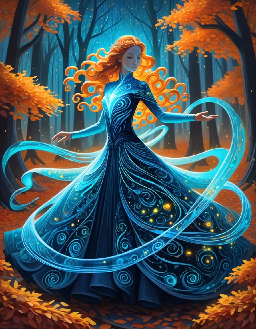 Bioluminescent Dancer in Autumn Forest, Detailed Oil Paintin...