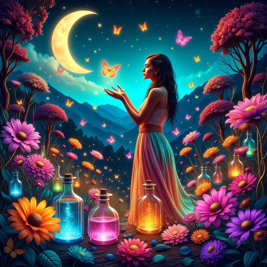 Woman in Neon Garden with Glowing Butterfly