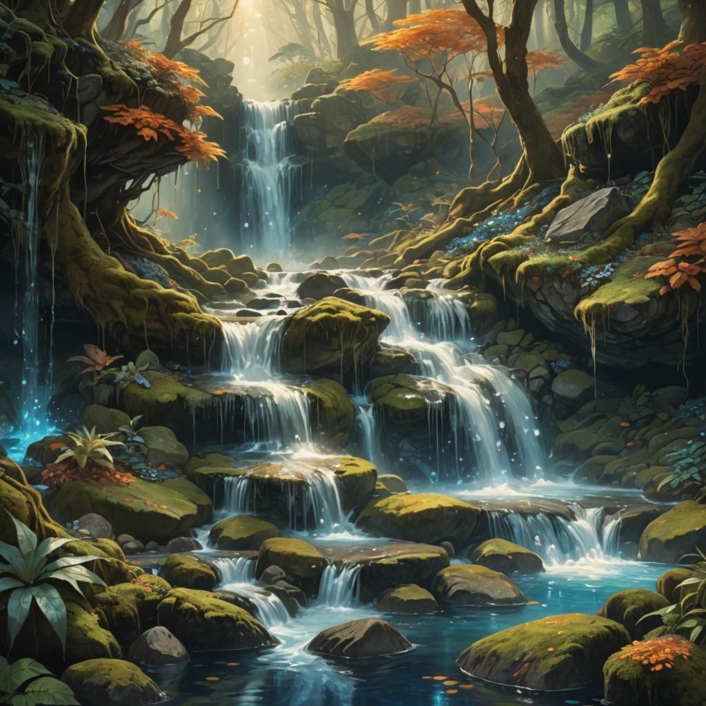 Crystal Waterfall in Enchanted Forest: Digital Art