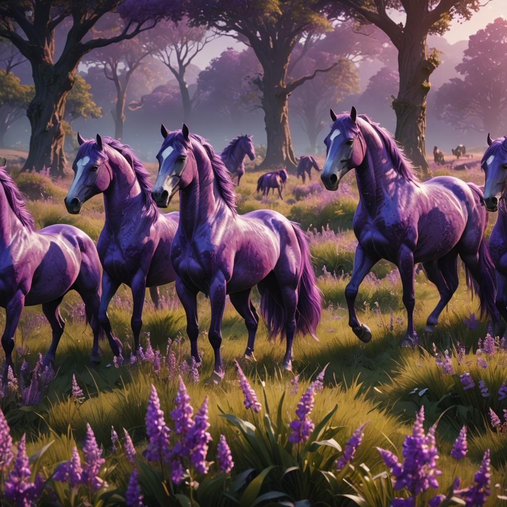 Majestic Purple Horses in a Lush Meadow