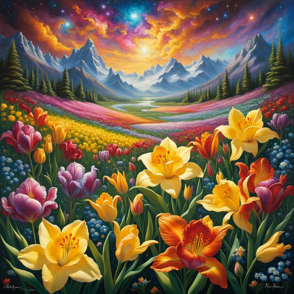 Cosmic Flower Field in Glitter Luminous Oil Painting