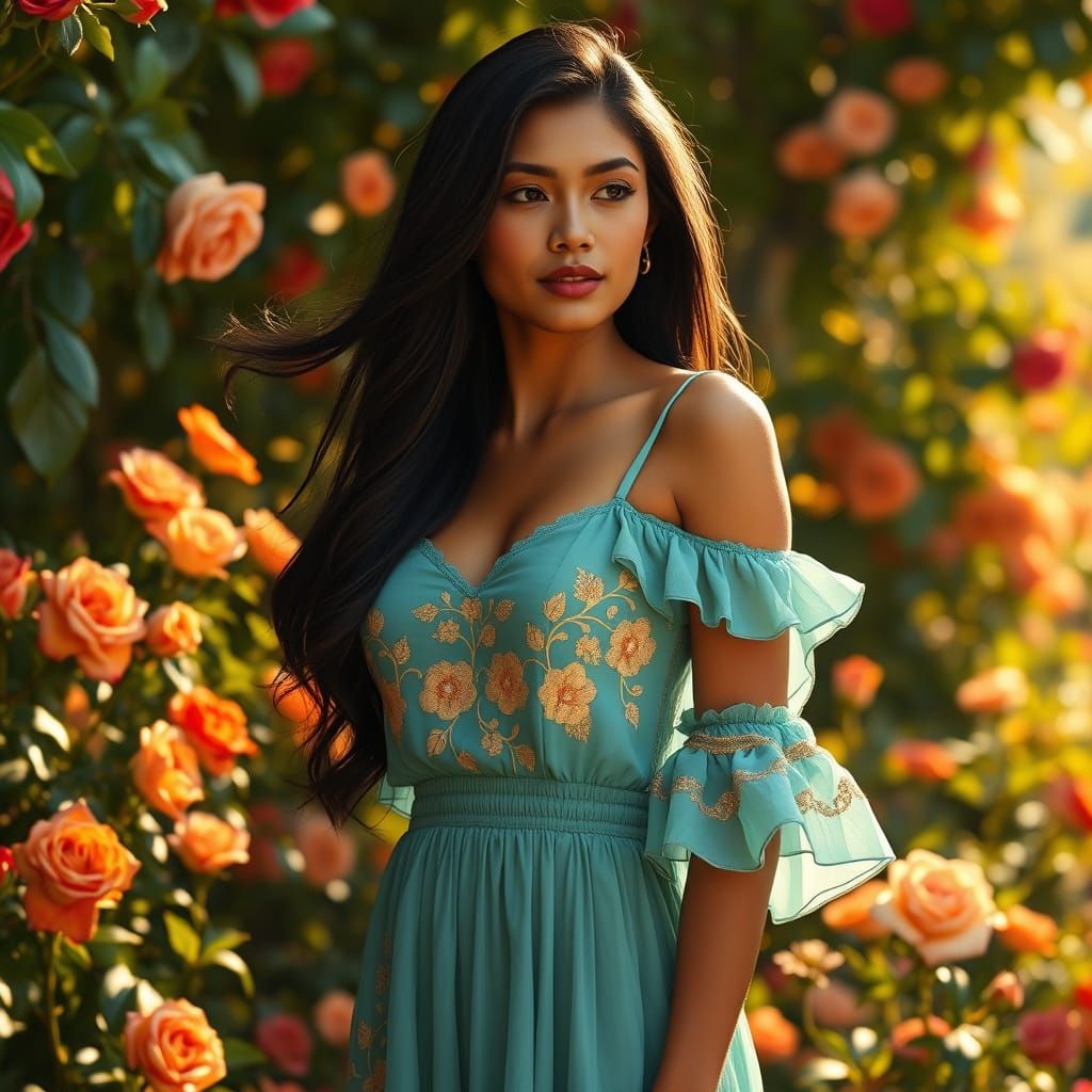 Latina Woman in Teal Dress in Enchanted Garden
