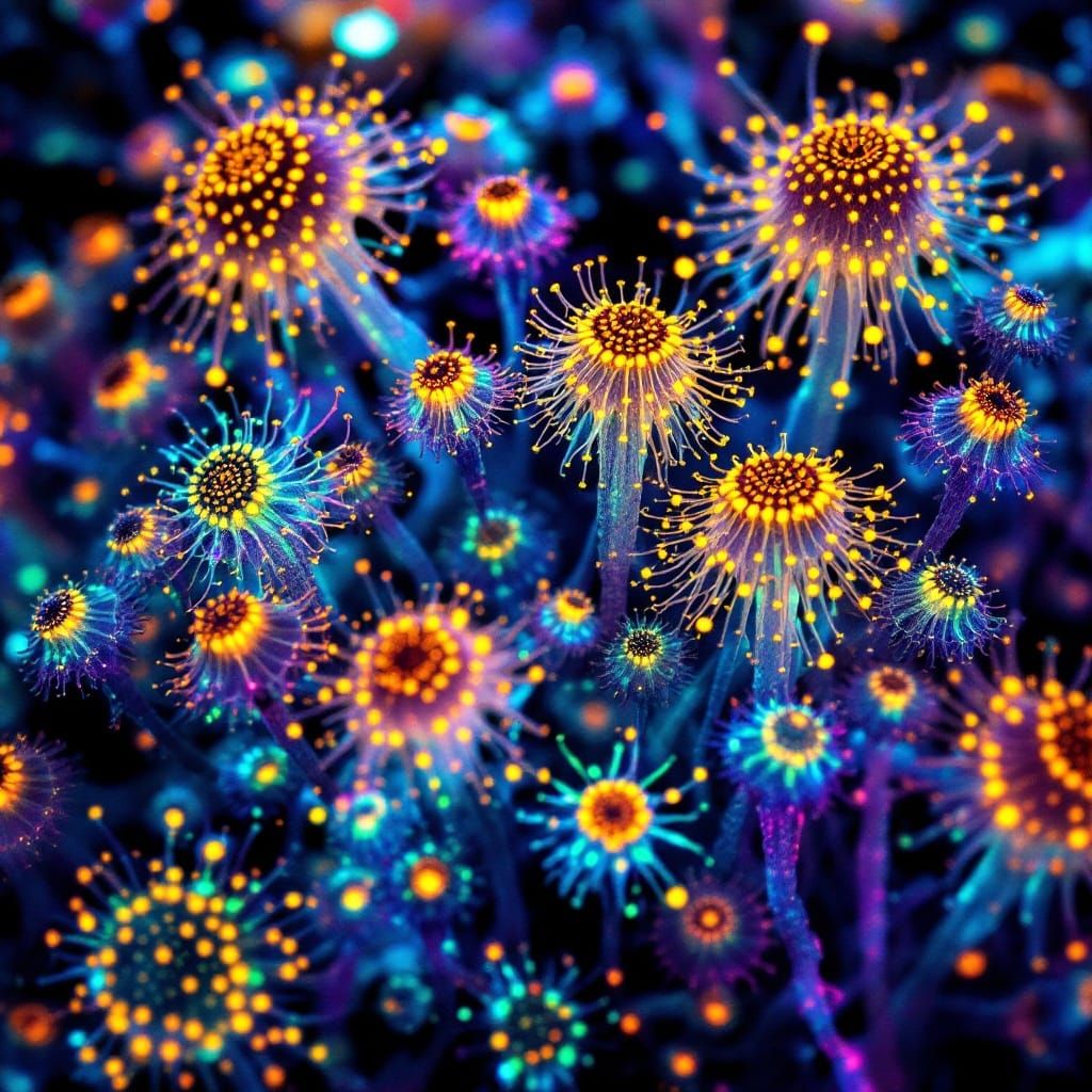 Glowing Radiolaria Swarm in Vibrant Macro Photography
