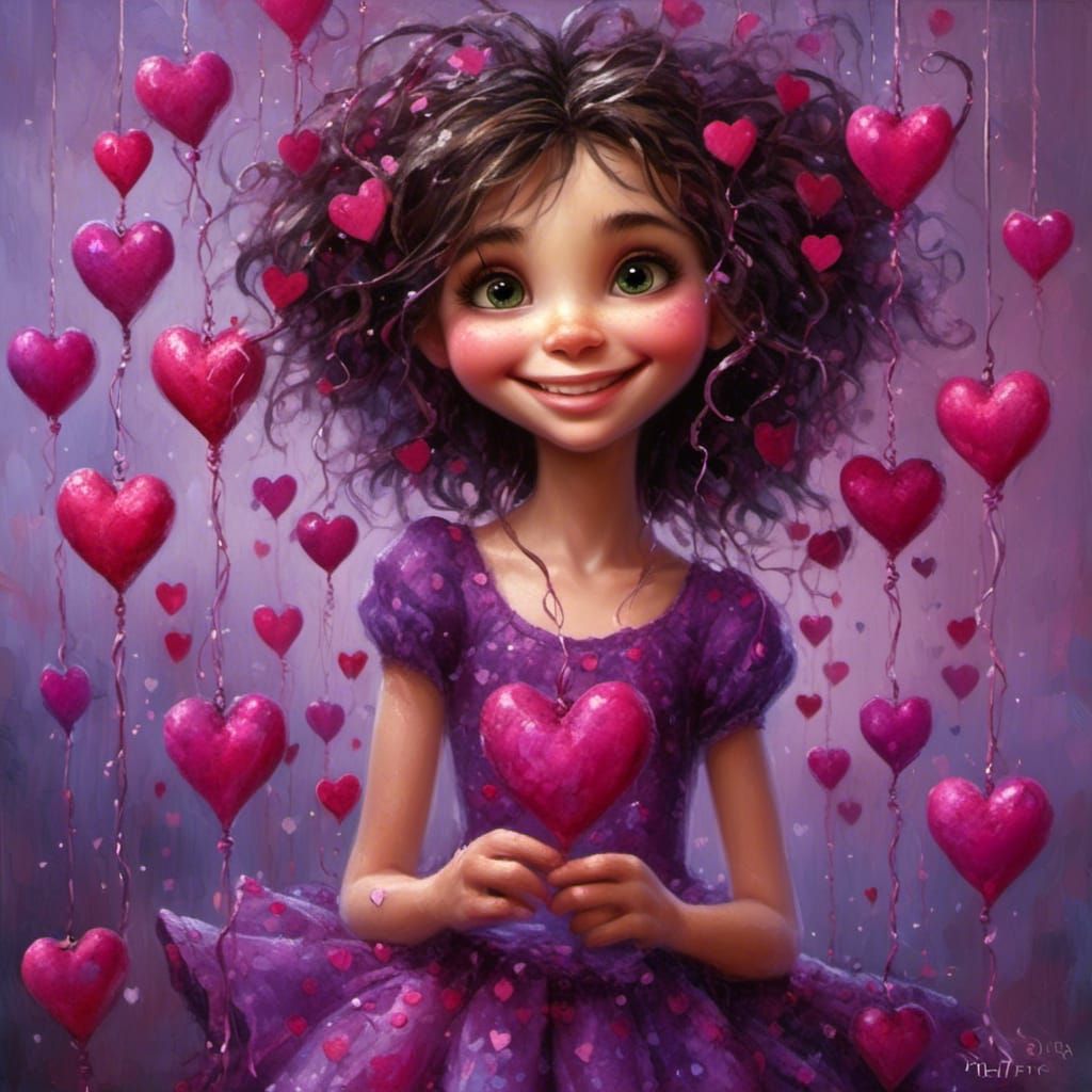Whimsical Girl with Hearts in Painterly Fantasy Style
