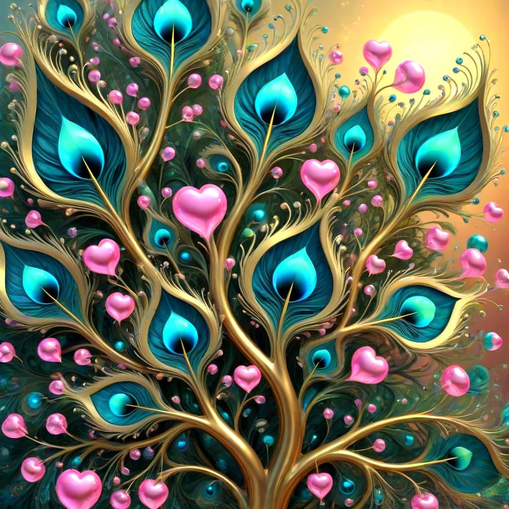 Surreal Fantasy Garden with Iridescent Peacock Feather Plant...