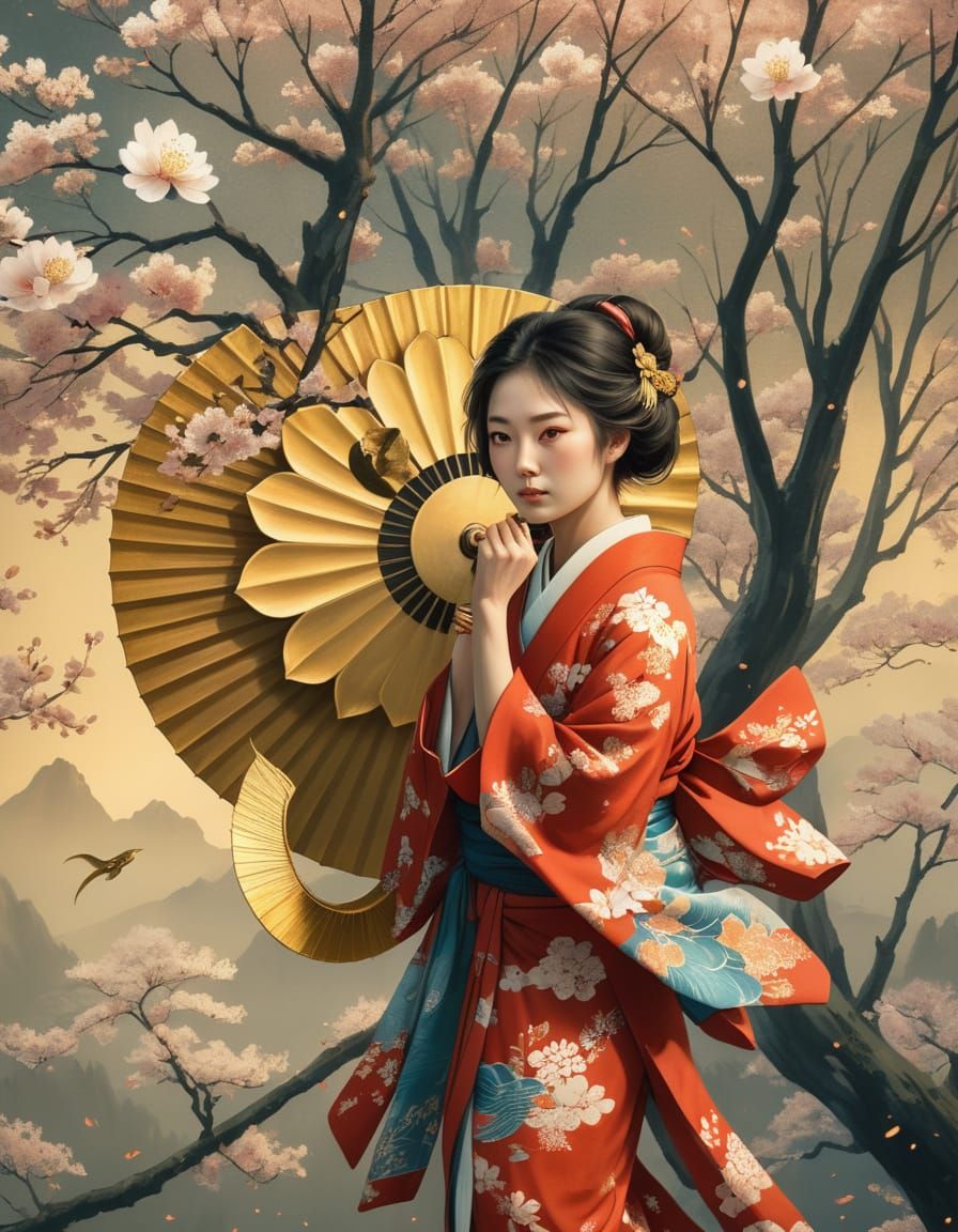 Japanese Goddess in Cherry Blossom Paradise