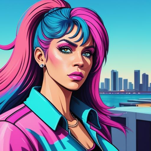 80s Vice City Woman in Miami Splash Art Style