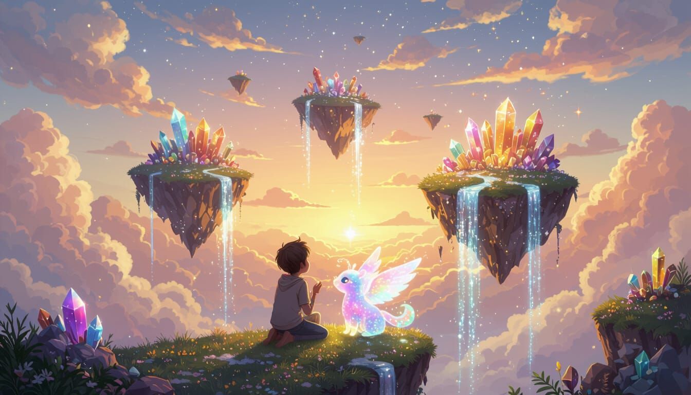 Floating Islands with Crystal Waterfalls in Sunset Light