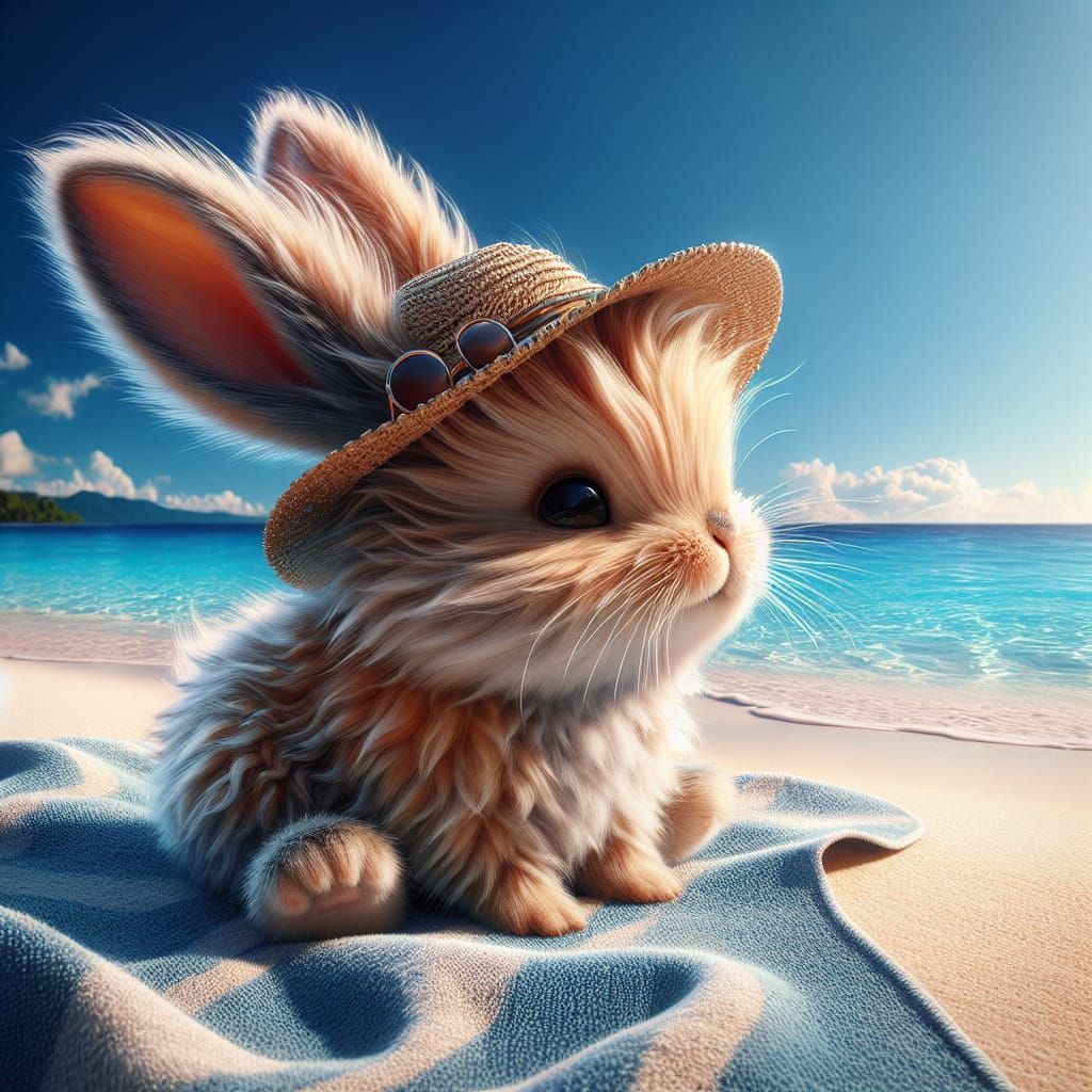 Adorable Bunny on Sunny Beach in Hyper-Realistic Digital Art