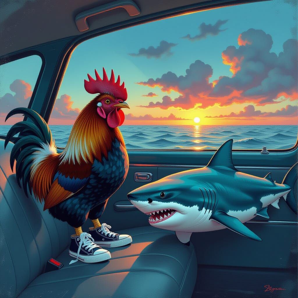 Rooster and Shark in Car with Sneakers, Surreal Digital Art