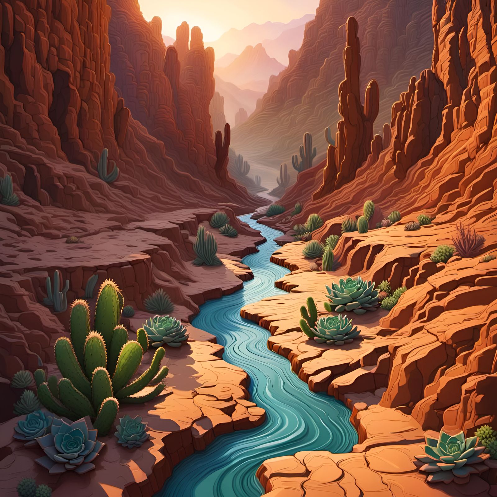 Beautiful desert Canyon carved by flash flood, wildlife, cactus, succulents,sunrise, Hyperrealistic, splash art, concep...