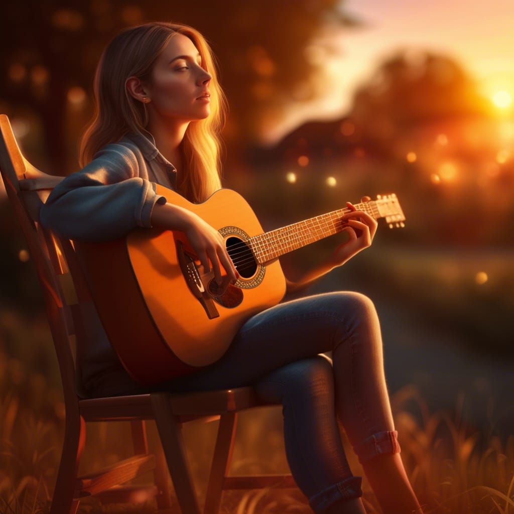 Girl with Guitar at Sunset: Photorealistic Portrait