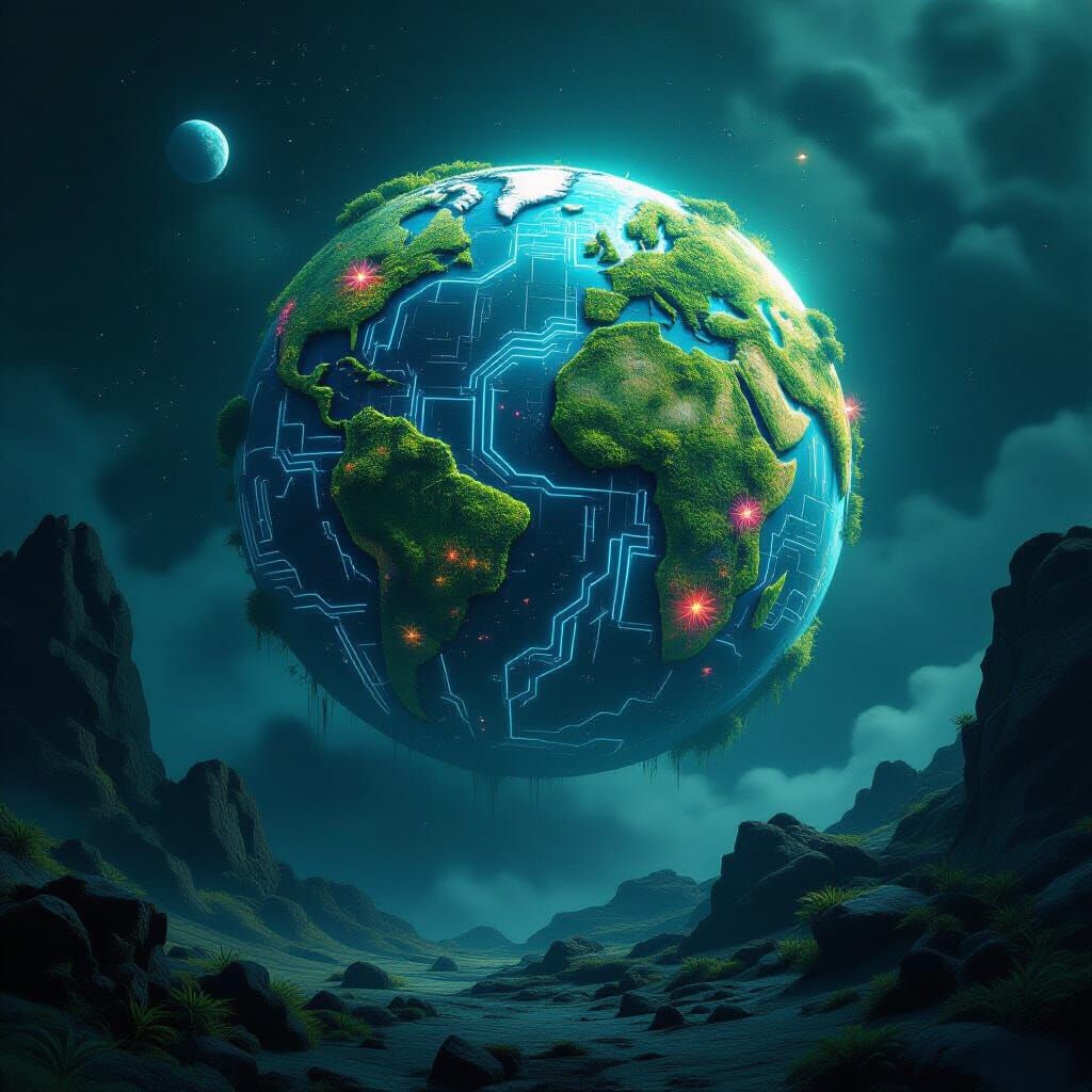 Ancient Moss Planet With Cosmic Circuitry in Moody Light