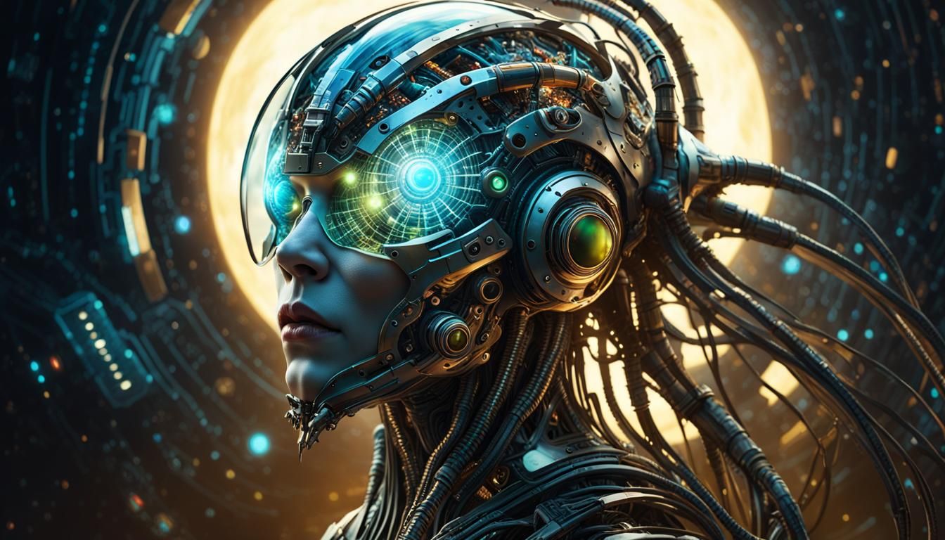 Biomechanical Cyborg Concept Art Inside Glowing Planet Core