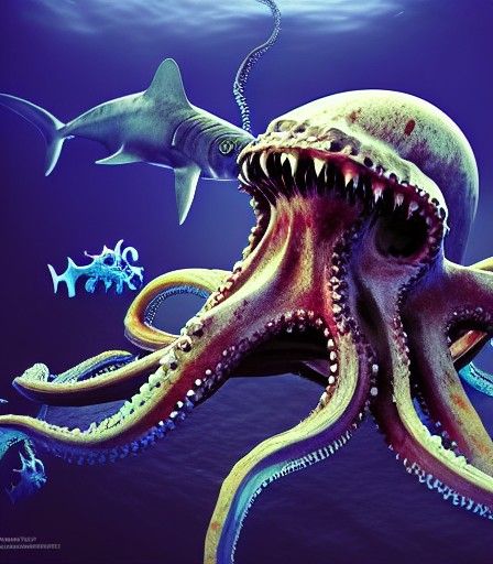Underwater Zombie Octopus Attacks Shark: Photorealistic 3D R...