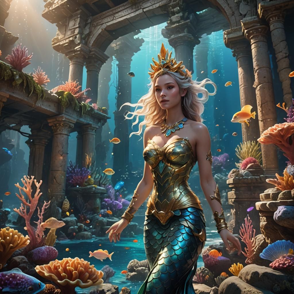 Mermaid in Underwater Ruins: Fantasy Concept Art