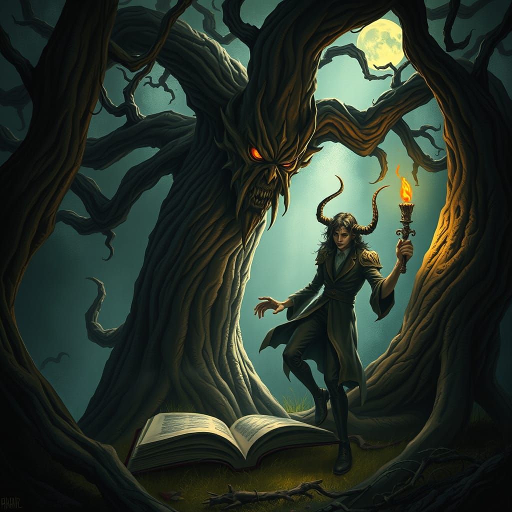 Intricate Tree Demon in Dark Academia Illustration