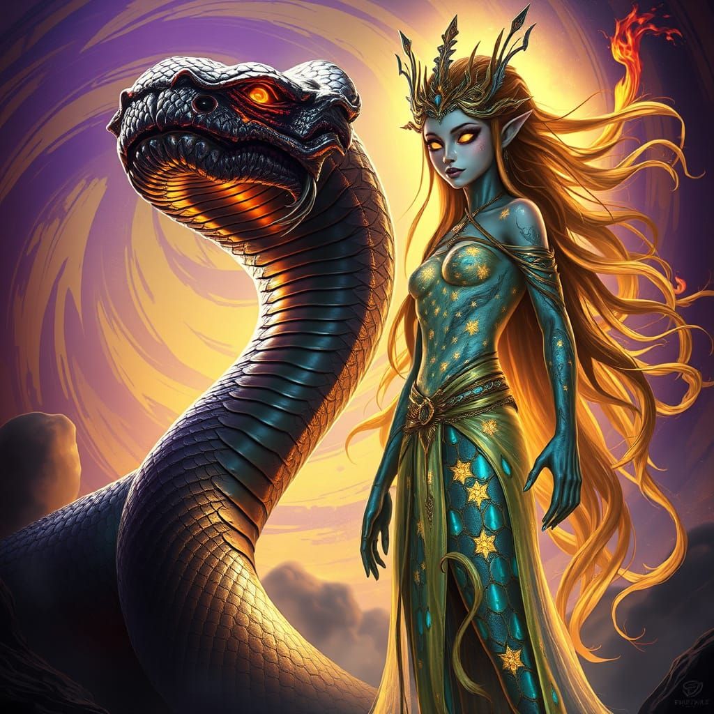 Mystical Naga Emerges from Shadows in Dark Fantasy Art