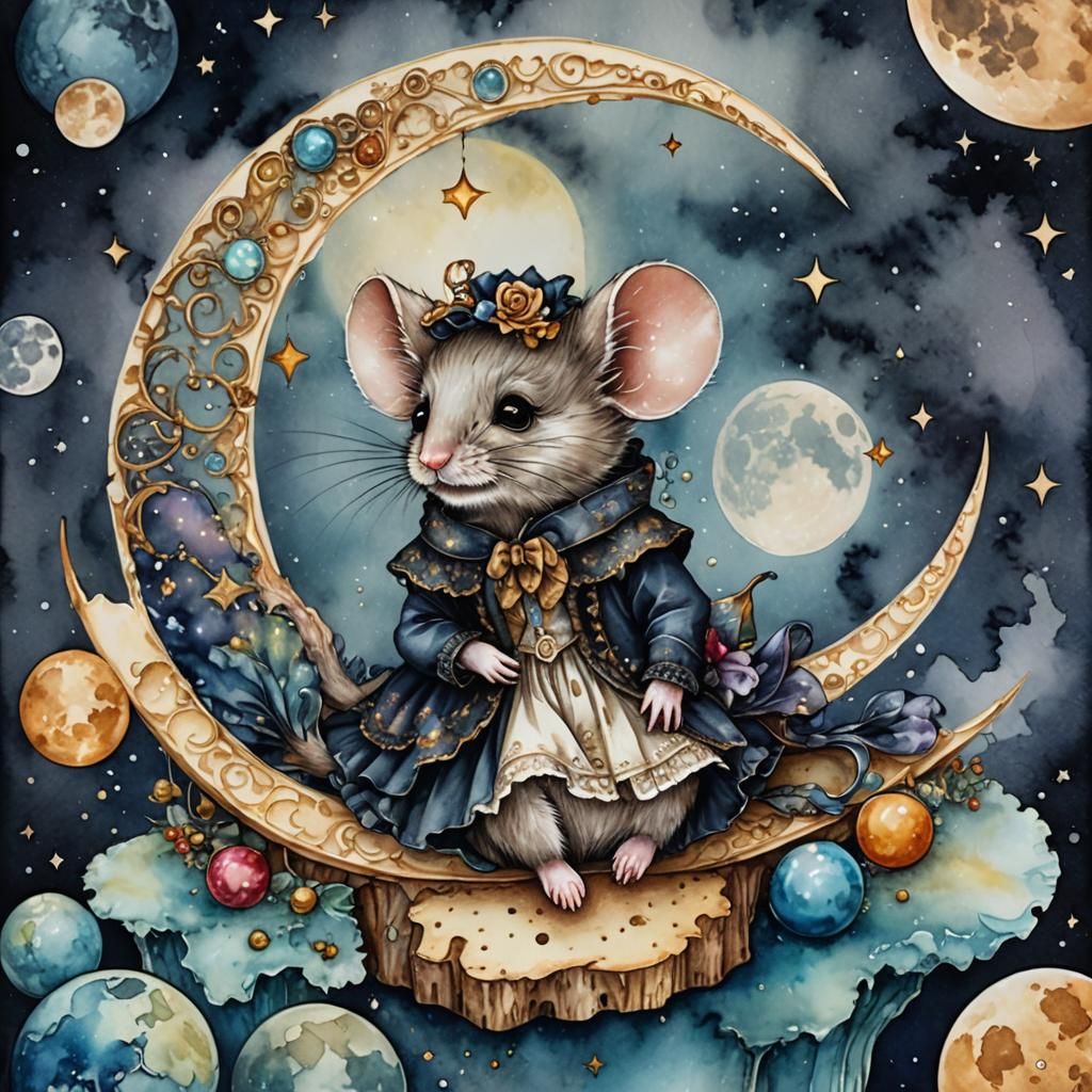Victorian Mouse on Cheese Moon in Alcohol Ink Style