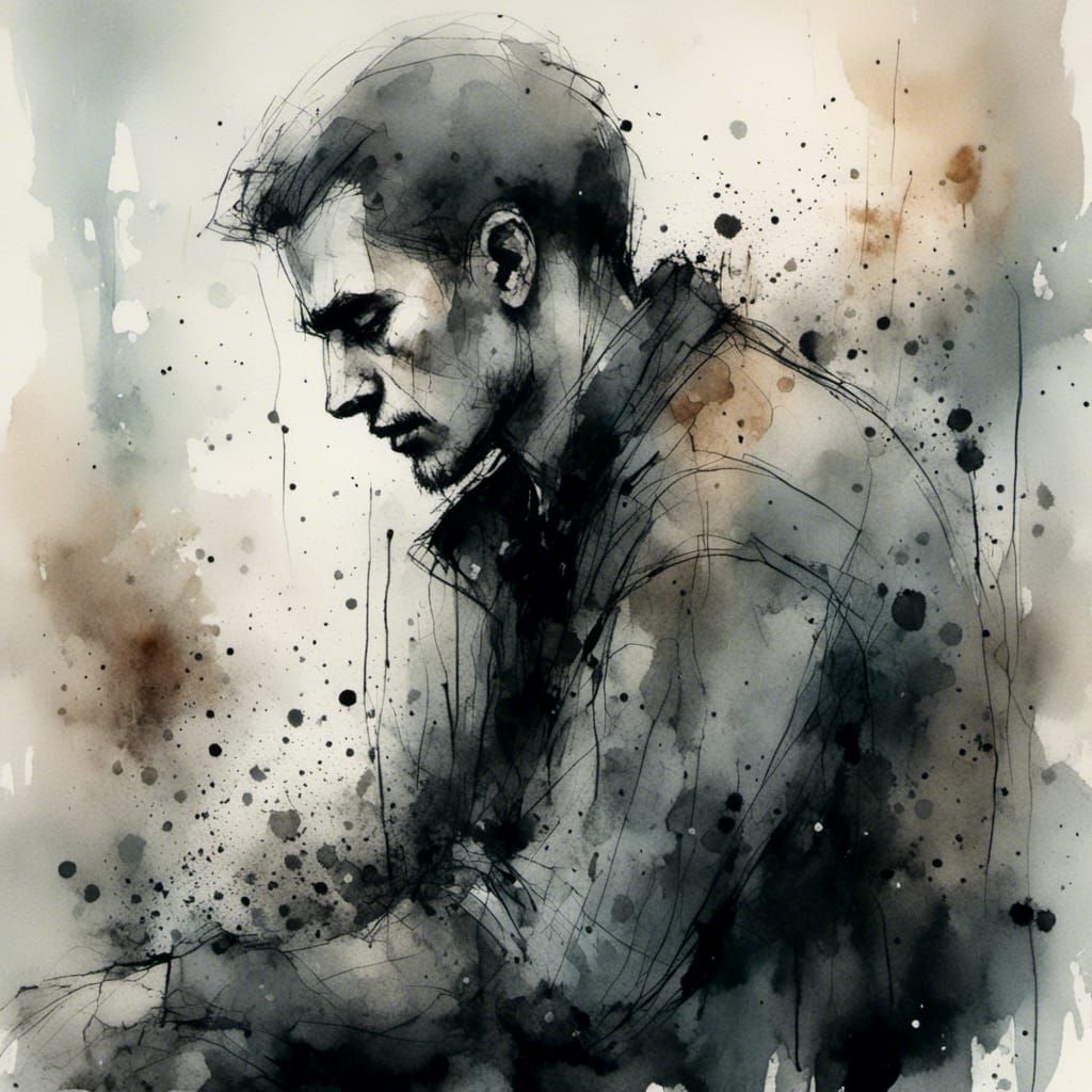 Bored Man Expressing Tiredness in Watercolor Style