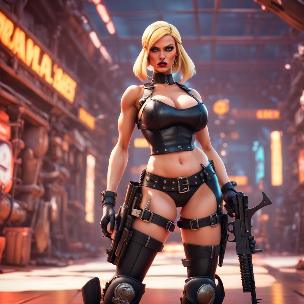 Blonde Soldier with Revolvers in 3D Digital Art