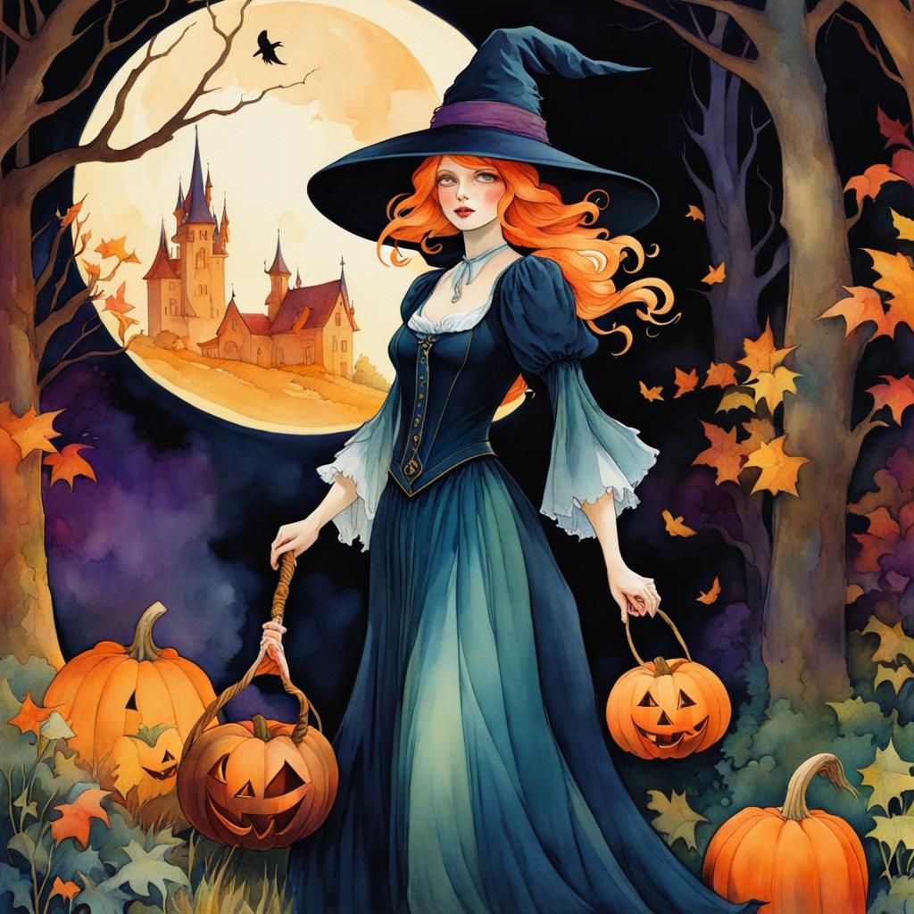 Charming Halloween Witch in Watercolor Style