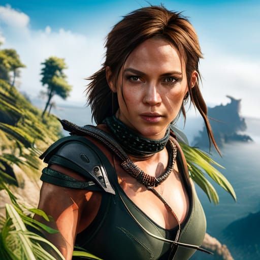 Lara Croft and Horizon Creatures: Realistic Photo