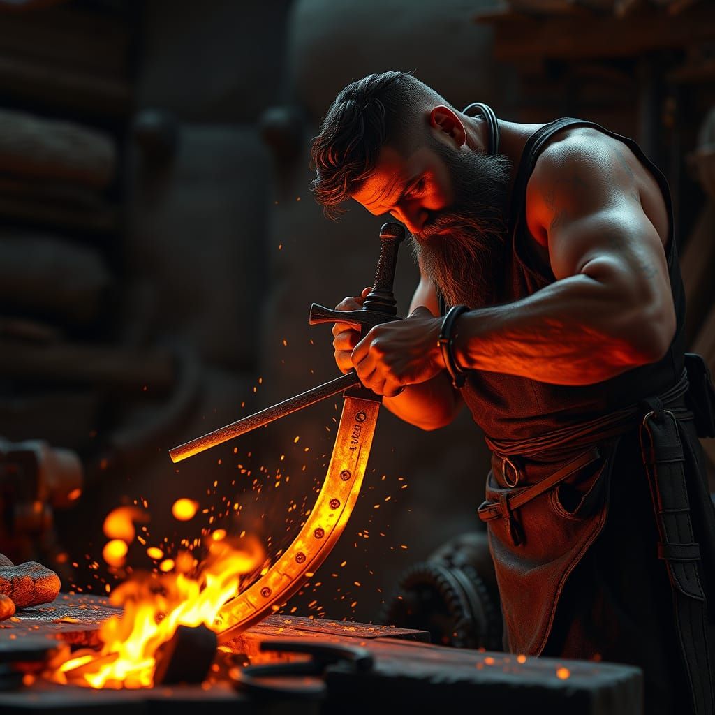 Dramatic Blacksmith Forges Flaming Sword in Epic Videogame S...