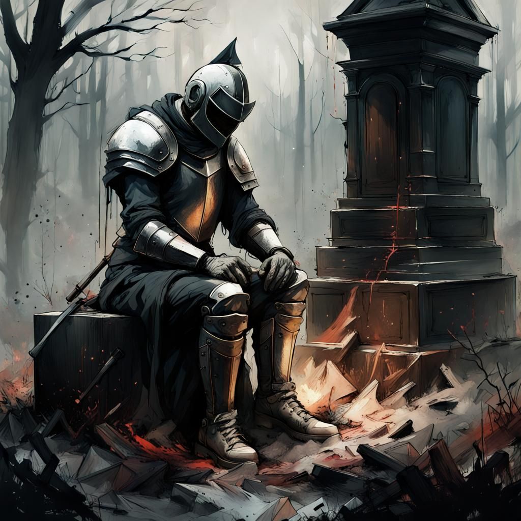 Knight's Despair: Graveside Scene in Detailed Painting