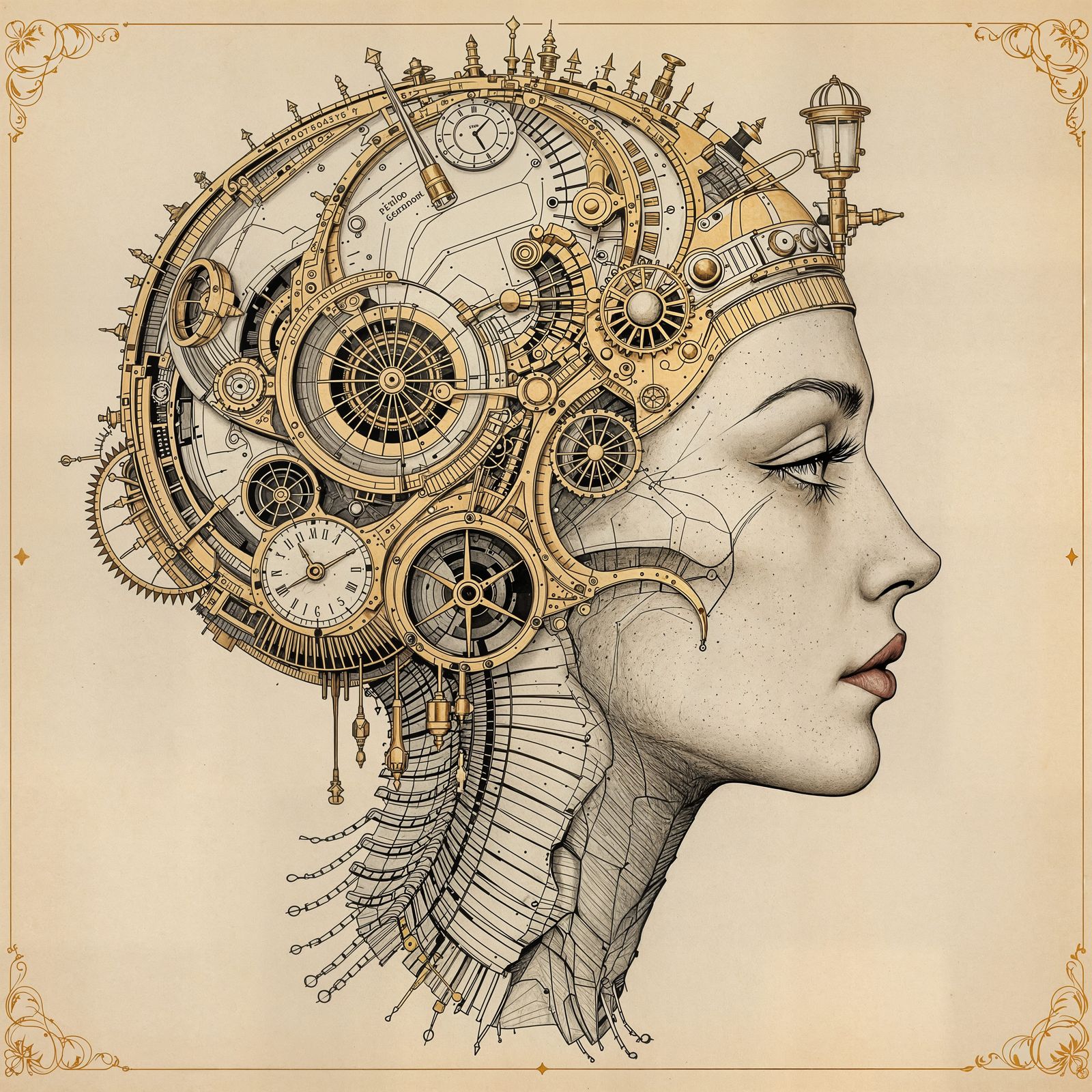 Steampunk Woman's Intricate Schematic Portrait