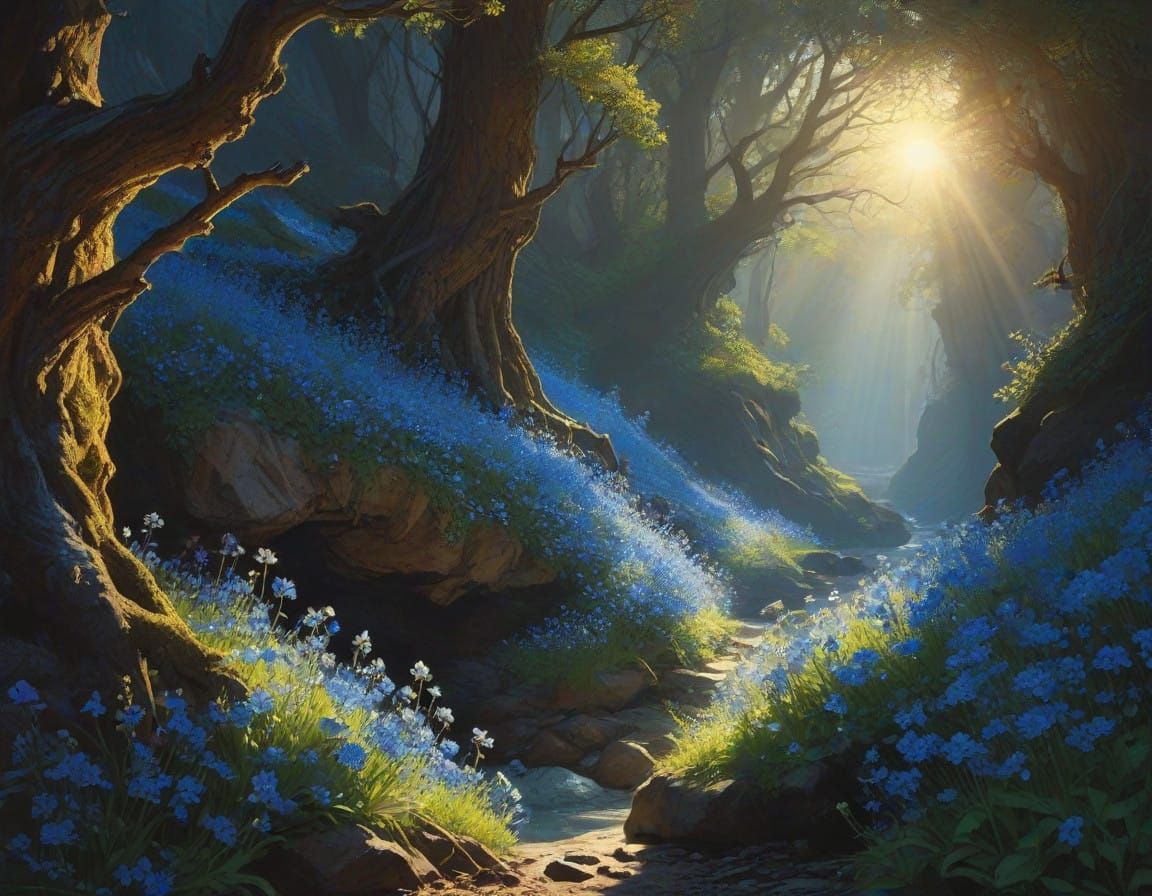 Sunny Meadow in Dark Ravine with Blue Wildflowers