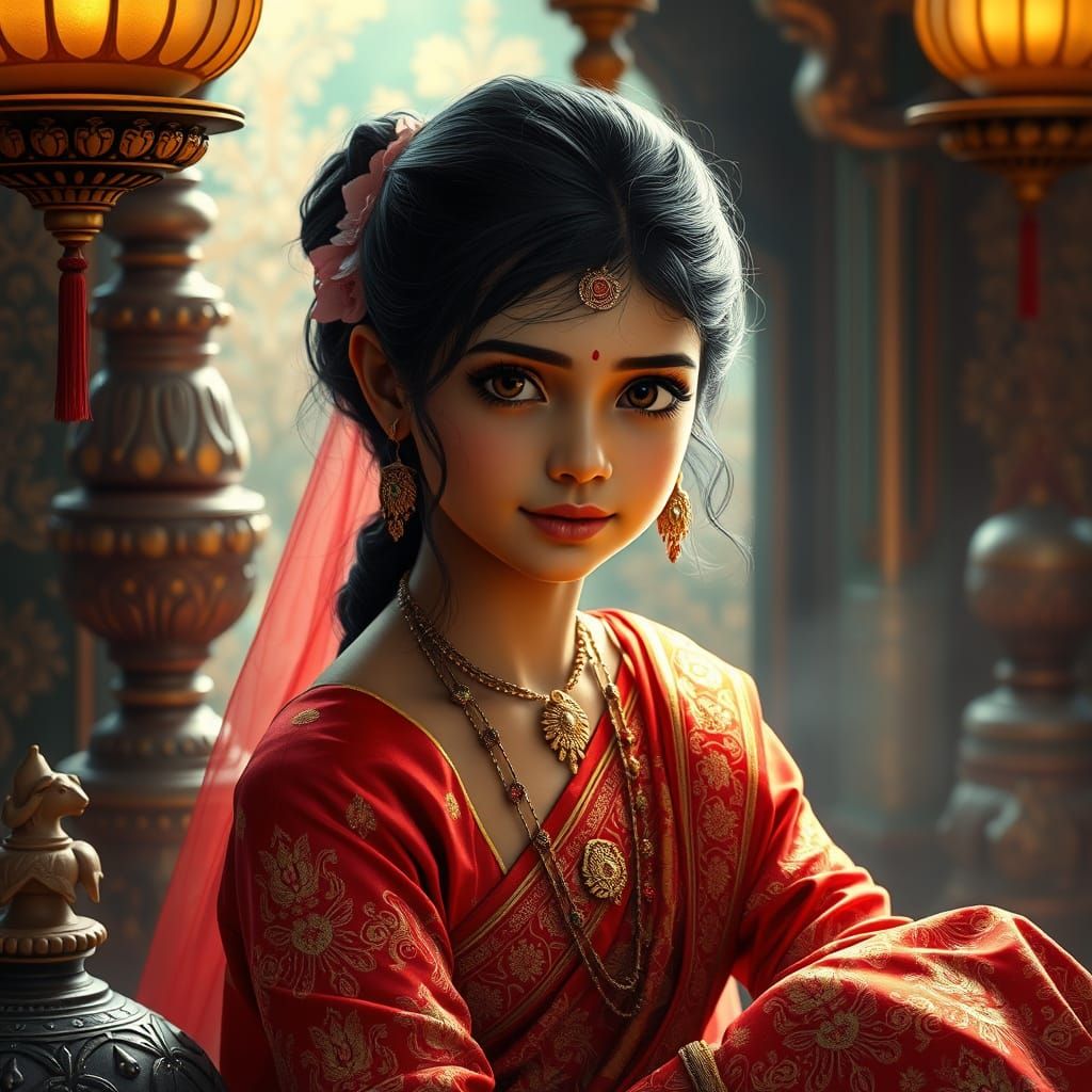 Ethereal Indian Princess in Resplendent Red and Gold