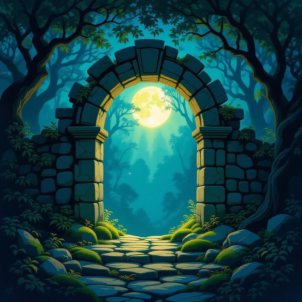 Mystical Moonlit Gate Portal in Ancient Forest