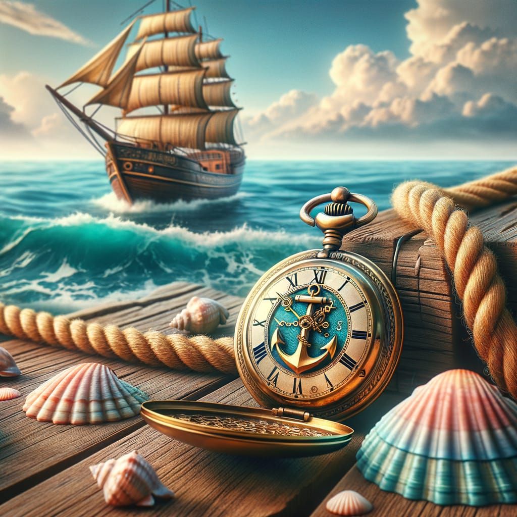Golden Pocket Watch Above Seashells and Ship