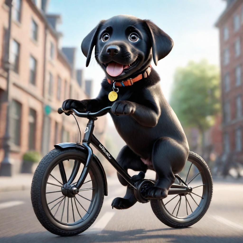 Smiling Labrador Puppy Rides Bicycle: Pixar Render