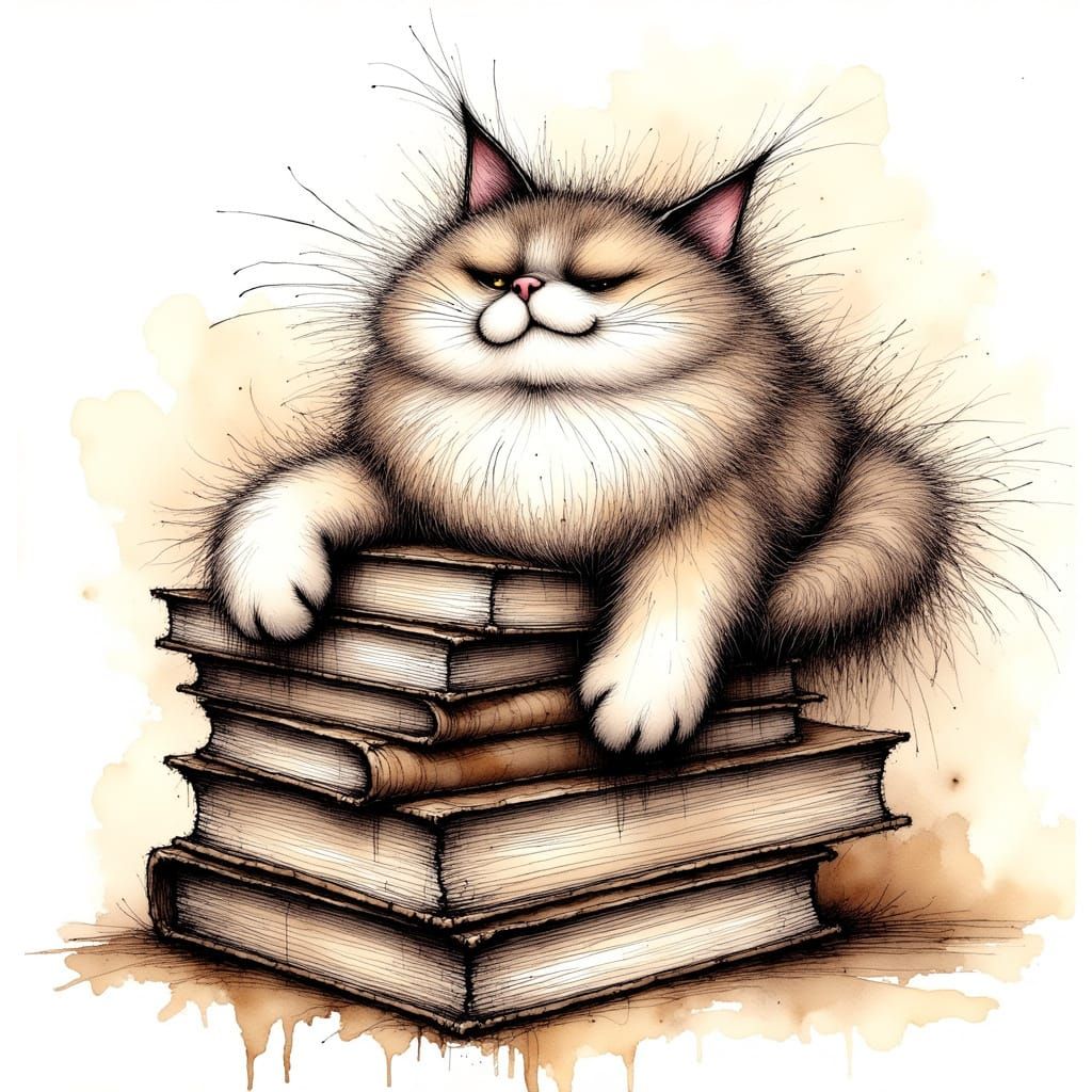 Whimsical Cat Caricature Lounging on Books