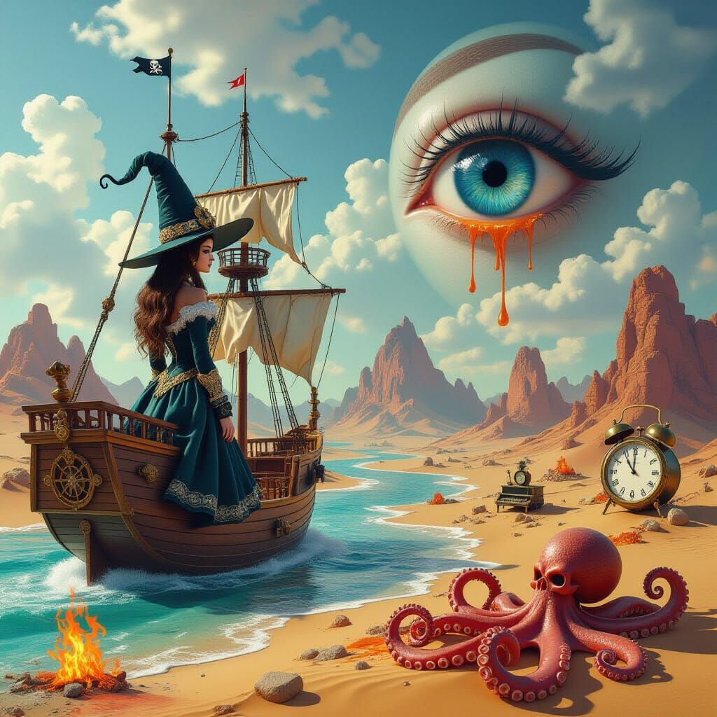 Surreal Witch on Pirate Ship in 3D Dreamscape